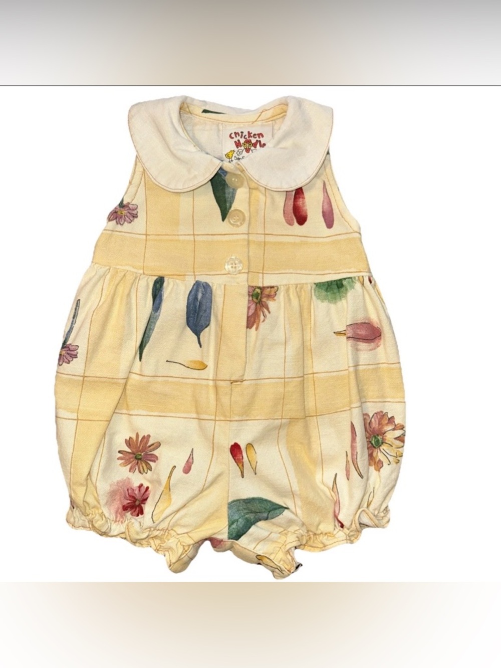 Vtg 90s Chicken Noodle San Francisco 18 Month Bubble Jumper Yellow Floral Plaid